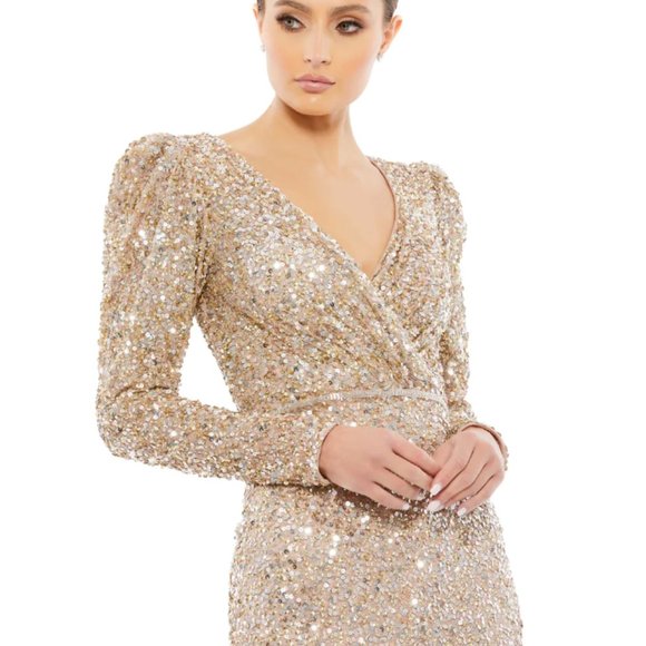 MAC DUGGAL 5510 PUFF SHOULDER SEQUIN SURPLICE SHIMMERING GOLD GOWN sz 16 - Picture 3 of 6